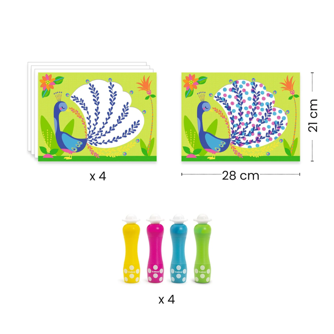 Contenuto del Kit Djeco "Disegna con i Puntini": tavole da 28x21 cm e 4 pennarelli a tampone colorati.