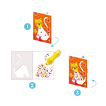 Passaggi d’uso del Kit Djeco: stencil e pennarelli lavabili per disegni precisi e creativi.