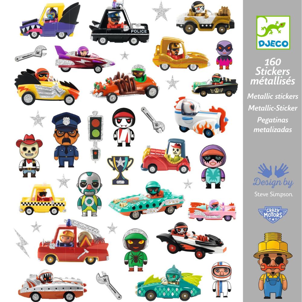 Djeco 160 Adesivi Crazy Motors, stickers metallizzati macchine per bambini
