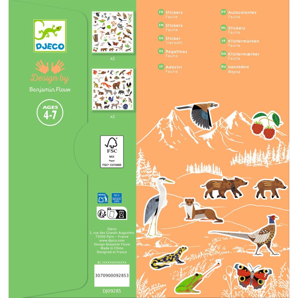 Confezione Djeco 160 Adesivi Fauna in cartoncino certificato FSC