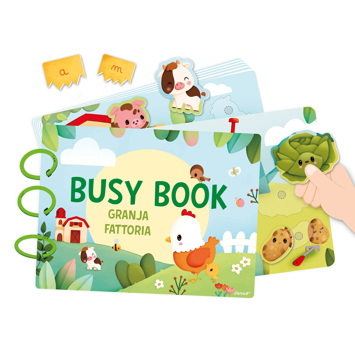 Busy Book Fattoria Janod, libro di attività con gli animali della fattoria da inserire