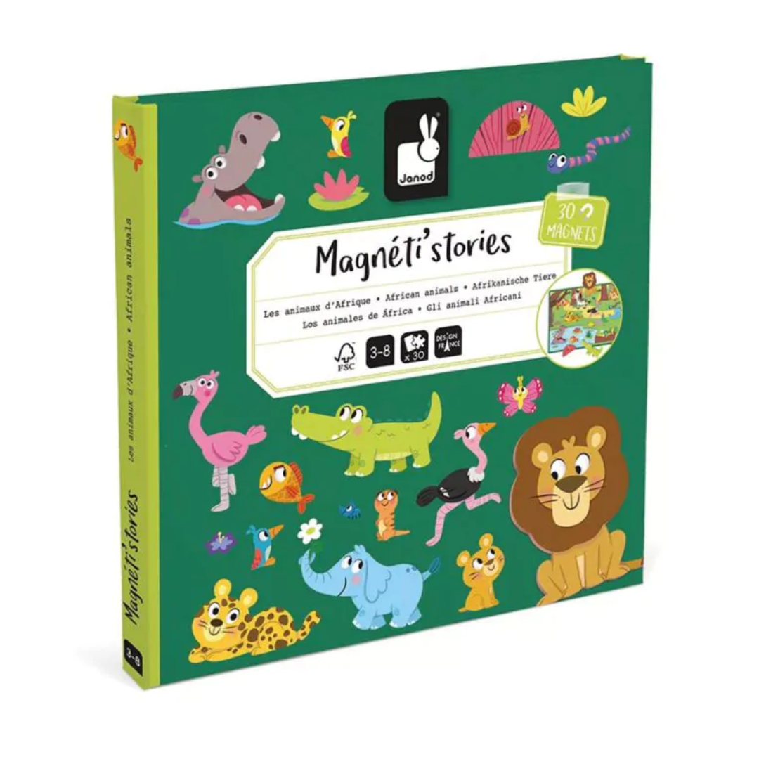 Confezione del gioco calamite "Gioco Magnetico Storie di Animali Selvaggi" di Janod. Include 30 magneti educativi per bambini.