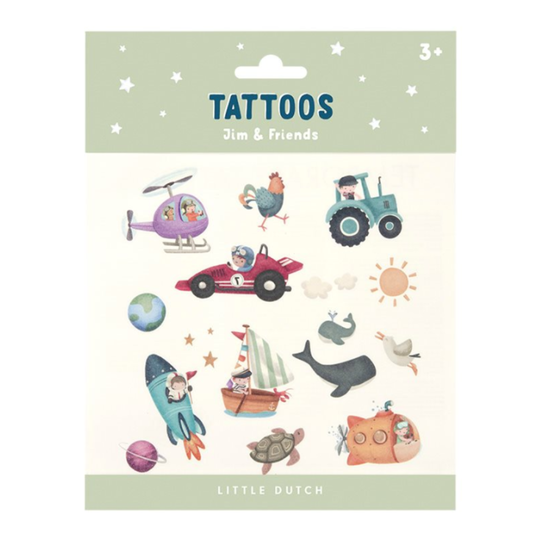 Foglio di tatuaggi per bambini Little Dutch - Jim and Friends con disegni colorati di animali e veicoli.