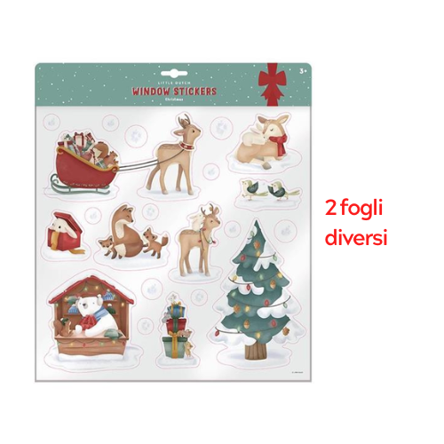 Kit Adesivi Natalizi per Finestra di Little Dutch, con due fogli di adesivi natalizi che includono albero di Natale, renne e Babbo Natale.