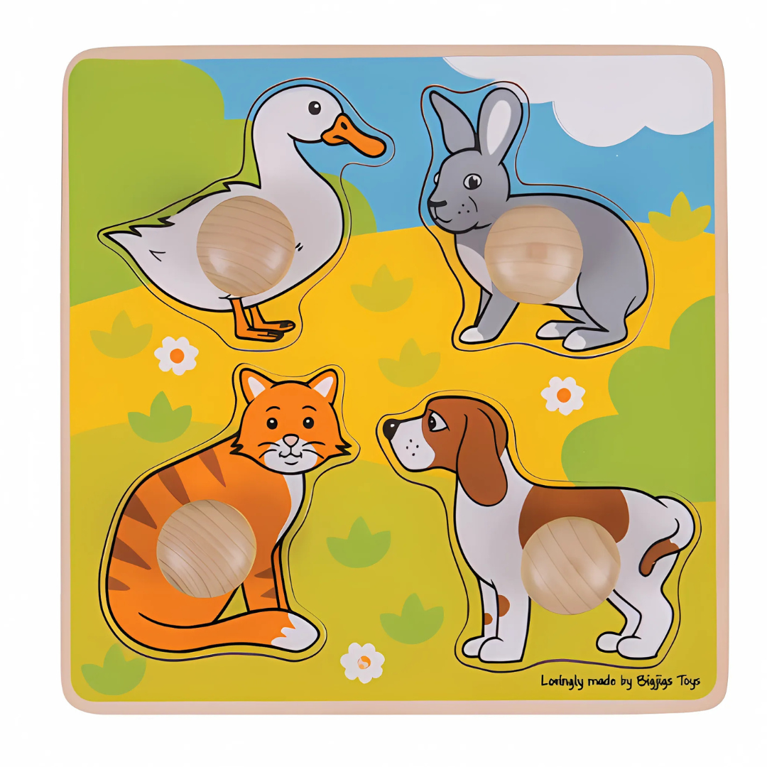 Puzzle per bambini 12 mesi Bigjigs con cane, gatto, coniglio e anatra in legno

