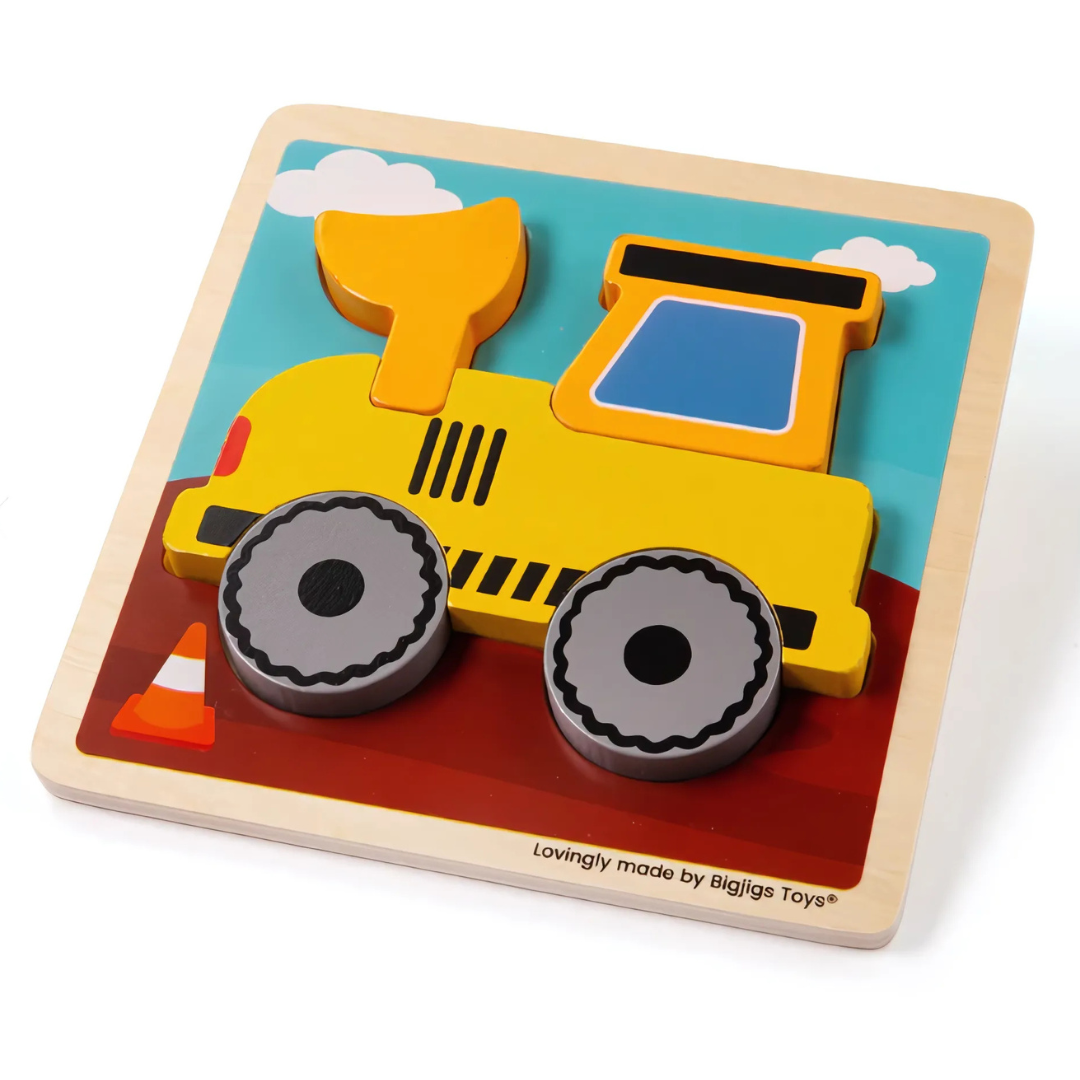 Puzzle in legno Bigjigs a forma di scavatore giallo con pezzi grandi e tattili per bambini piccoli