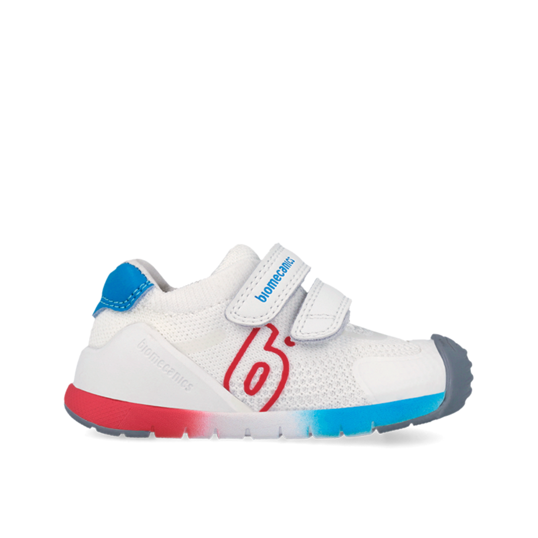 scarpe primi passi Biomecanics Biogateo bianche e blu doppio strappo