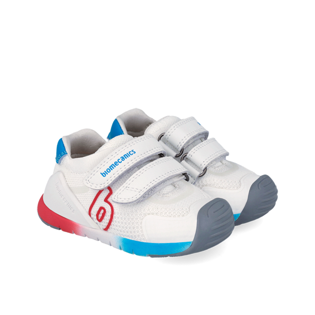 scarpe primi passi Biomecanics Biogateo bianche e blu vista frontale