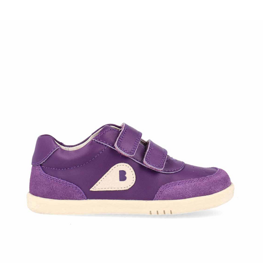 Scarpe Bobux IWalk Champ Murasaki Purple + Chalk in pelle viola e gesso con doppia chiusura a strappo e suola flessibile beige per bambini.