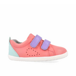 Scarpe Bobux Step Up Grass Court Ocean Coral + Mauve Combo, scarpe primi passi per bambini, in pelle, toebox ampio, suola flessibile bianca e cinturini in velcro viola