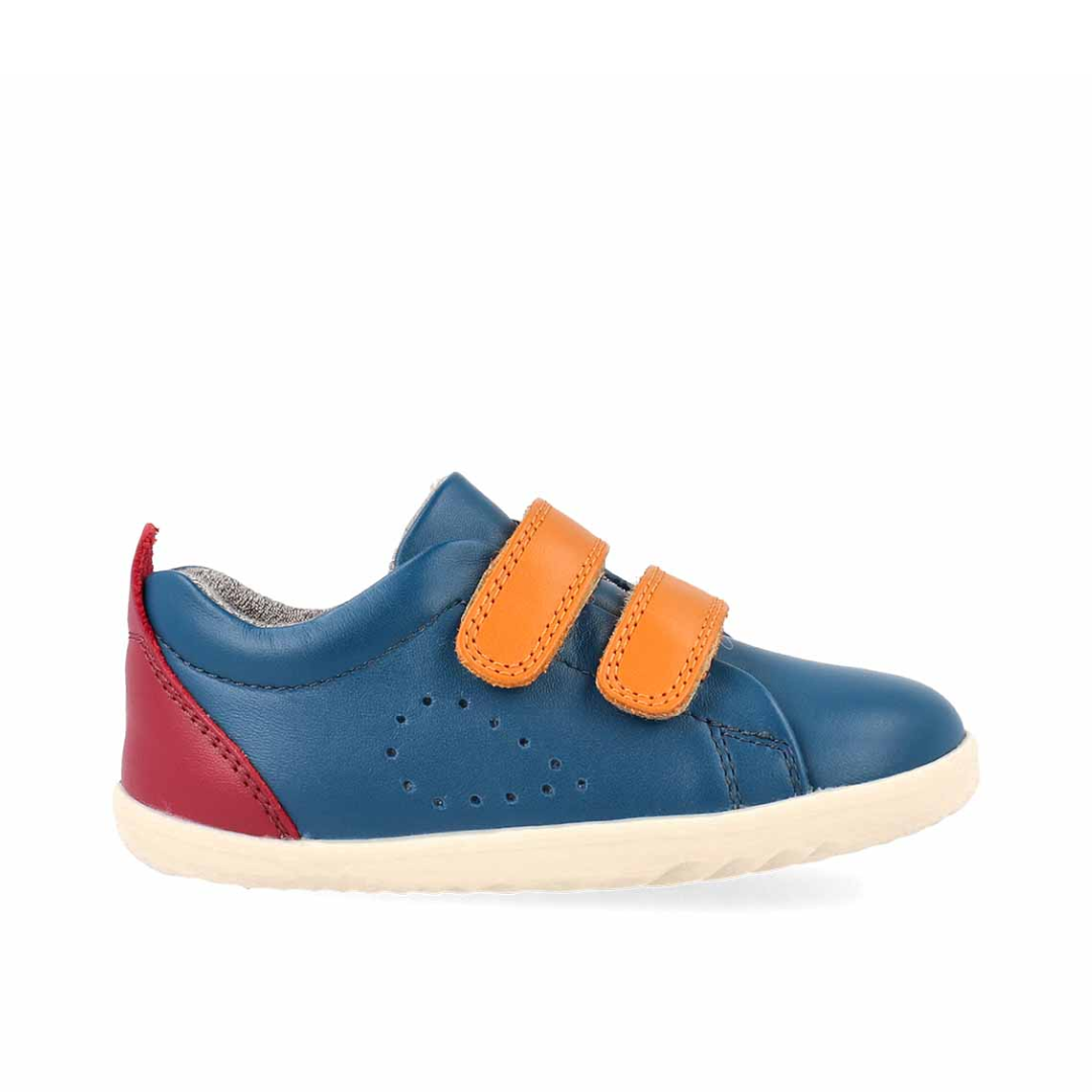 Scarpe Bobux Step Up Grass Court Tidal + Cranberry per primi passi, pelle blu, suola flessibile.