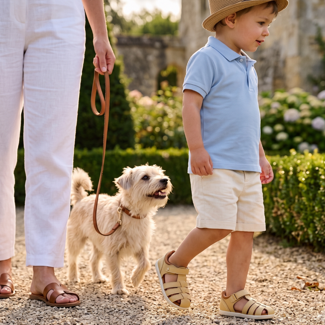 Bobux I-Walk Roam sabbia e caramello - sandalo bambino in pelle con chiusura a strappo