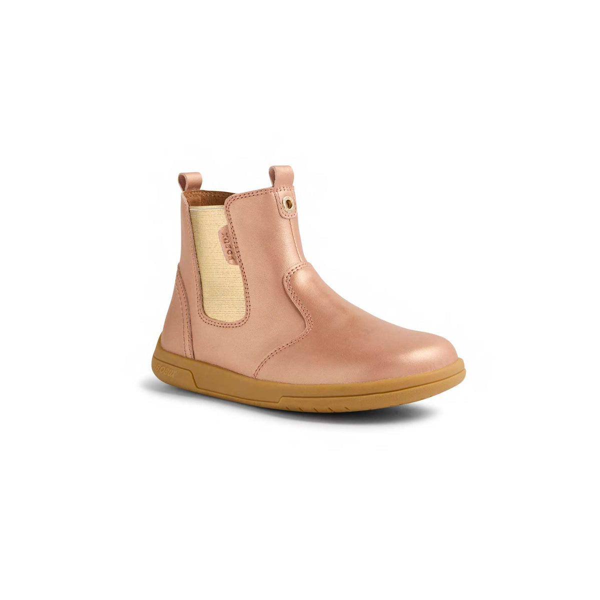 Stivaletto Bobux Kid+ Jodhpur II Rose Gold in pelle rosa con soffietto elastico dorato e suola flessibile color miele, vista laterale