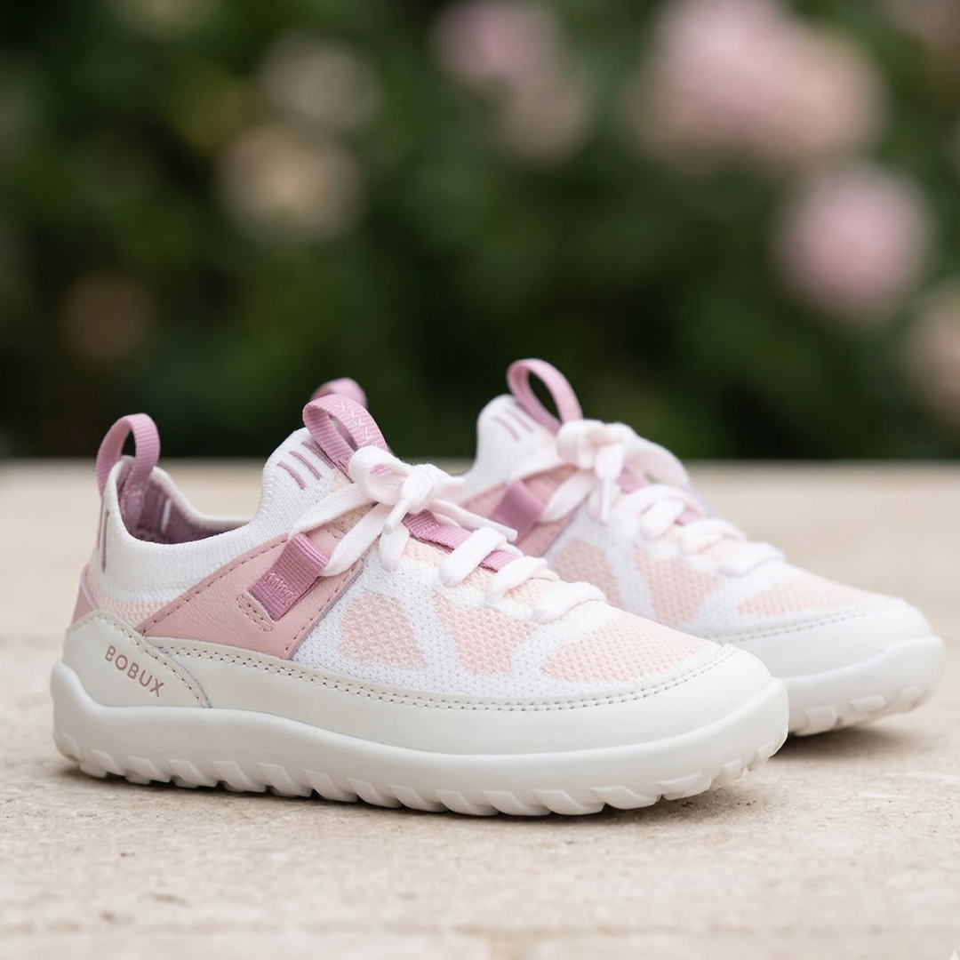 Scarpe barefoot bambini Bobux Meta White-Parfait Pink con pianta ampia