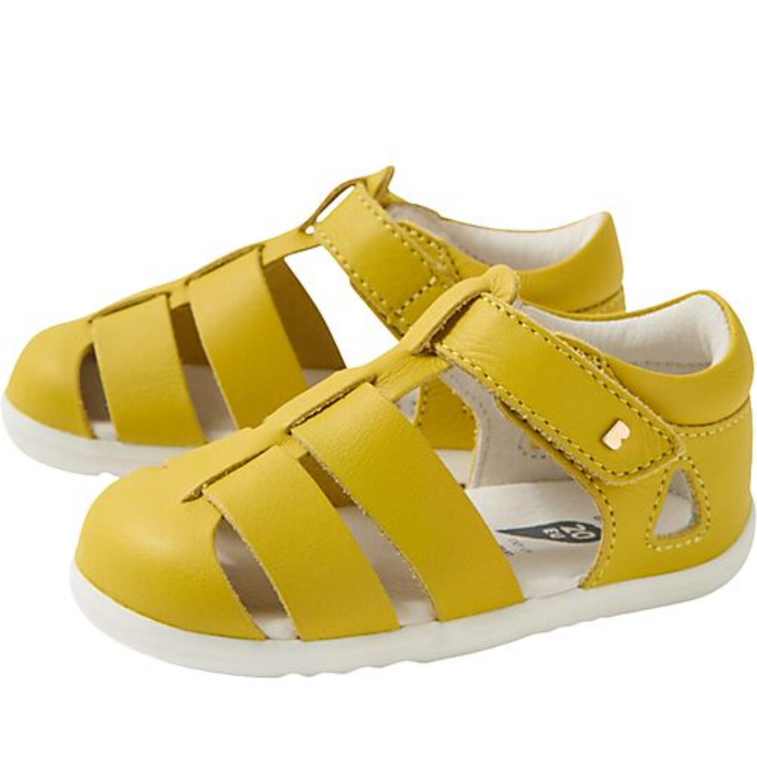 scarpe morbide bambini Bobux sandali gialli primi passi forma ampia in punta