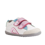 Scarpine primi passi Bobux Step Up Blaze in pelle bianca e rosa metallizzato, ideali per lo sviluppo naturale.