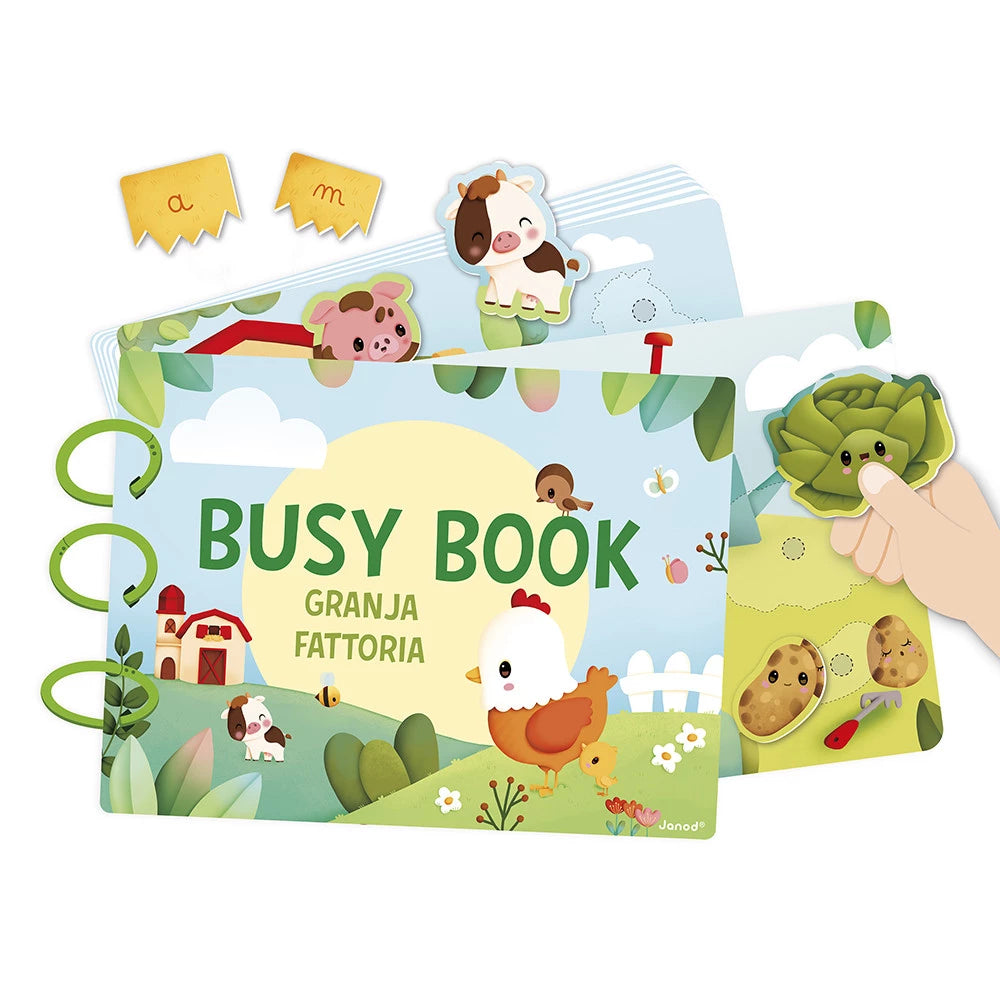 Janod Busy Book Fattoria, libro di attività in cartone con 20 pagine e 158 pezzi per bambini dai 3 anni