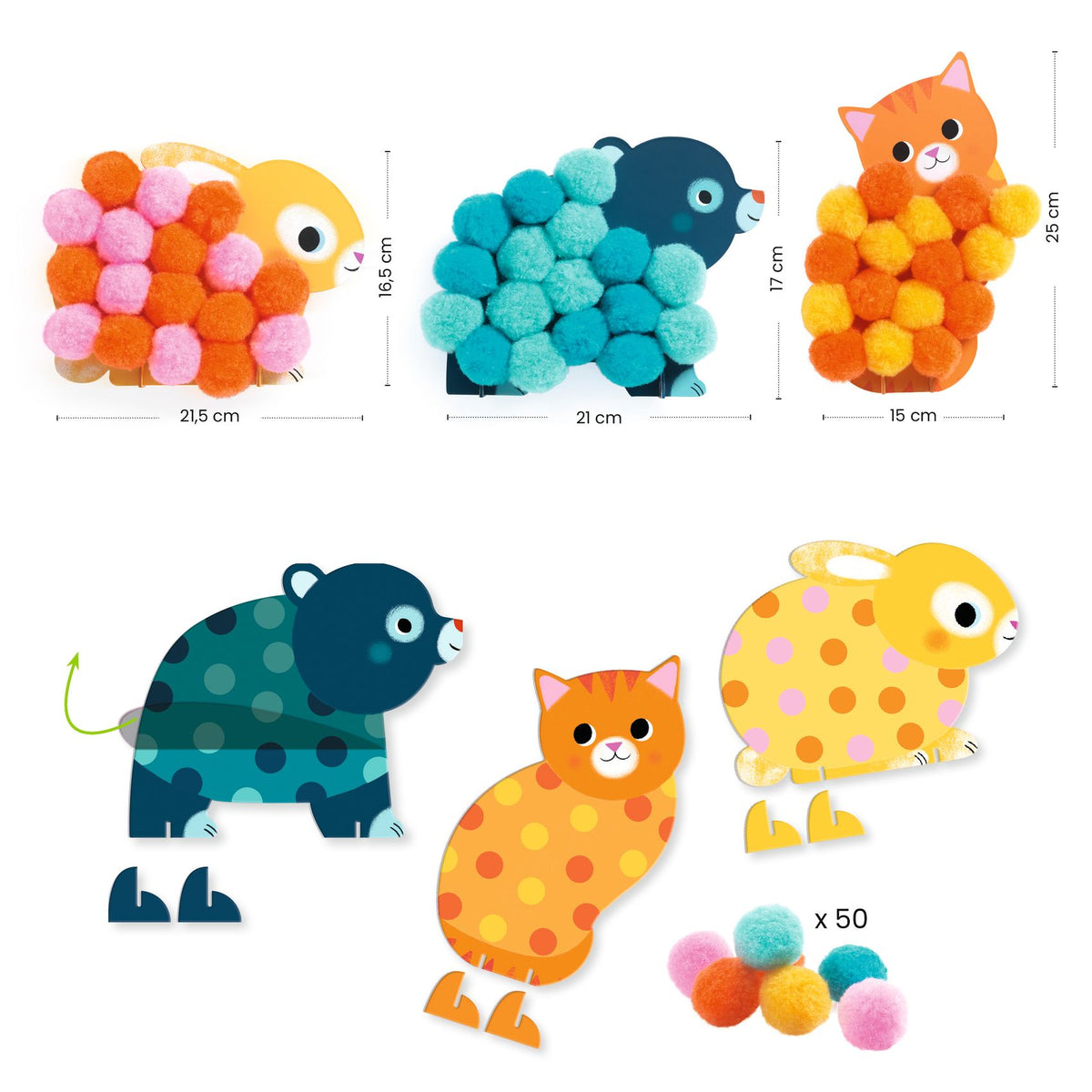 Collage Djeco con pompon – coniglio, orso e gatto da completare