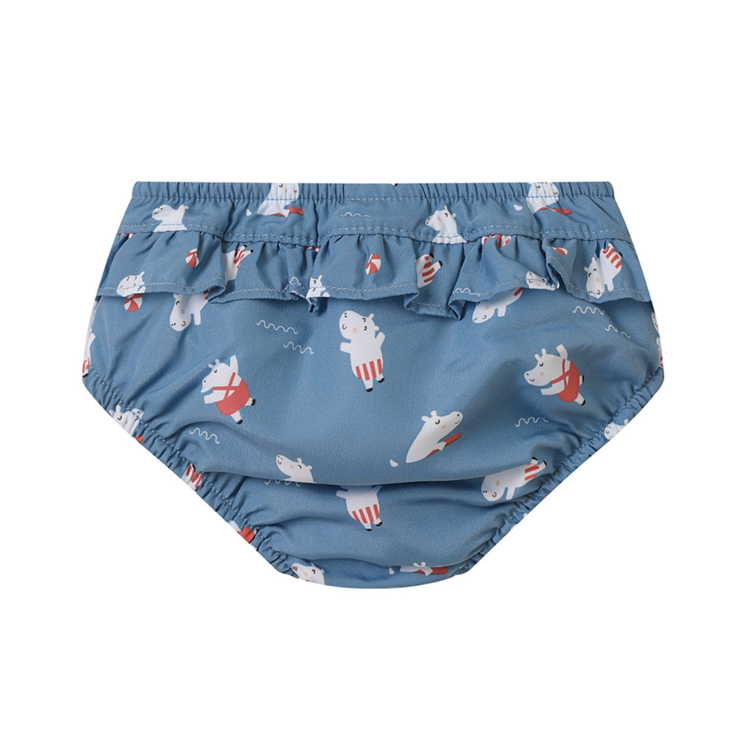 Costume contenitivo bambina Monnëka Ippopotami con volantino per mare e piscina