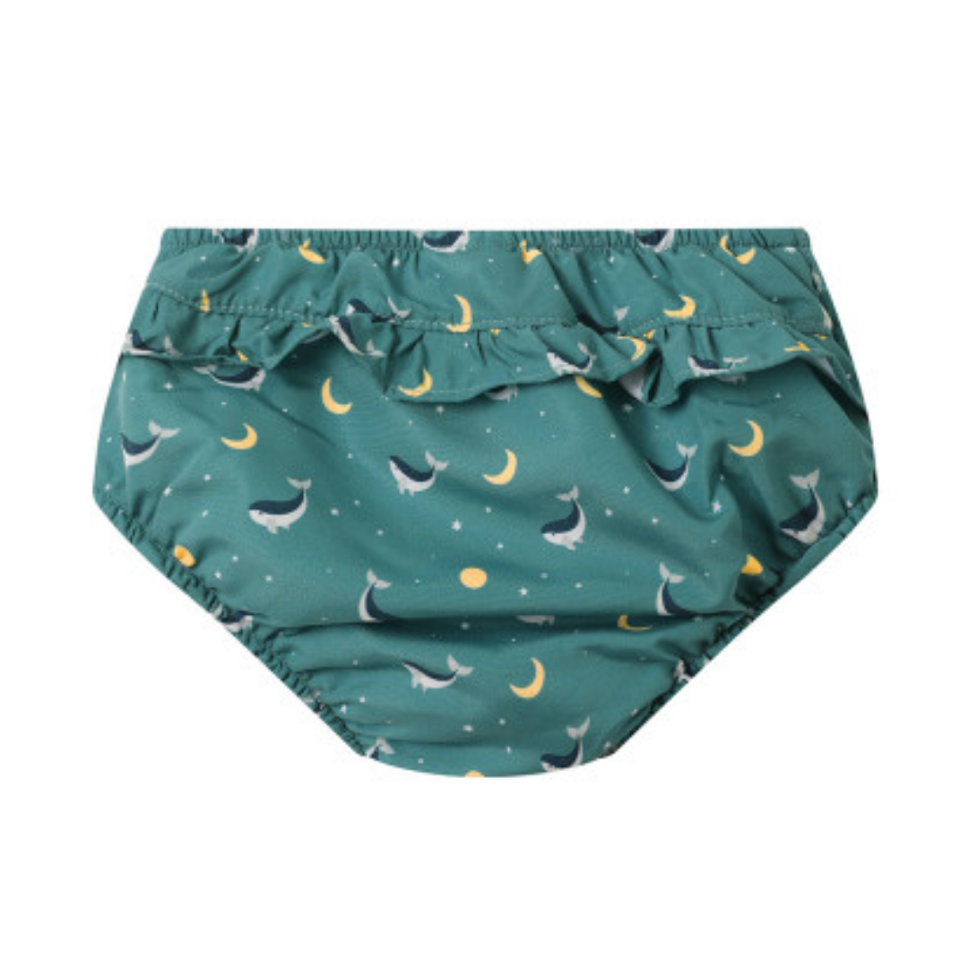 Costume contenitivo bambina Monnëka Teal Whale con volantino per mare e piscina