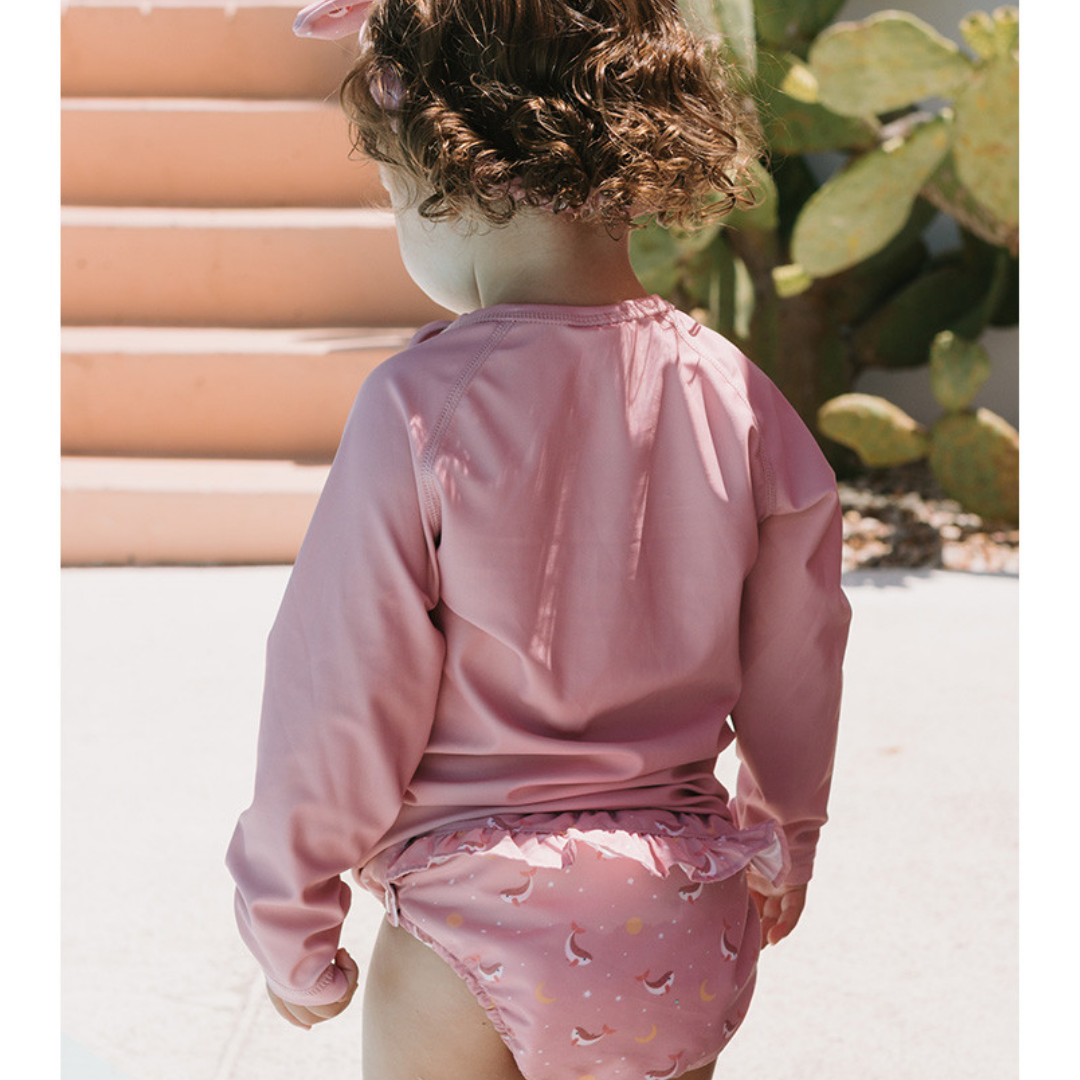 Costume pannolino mare Monnëka Pink Whale con volant