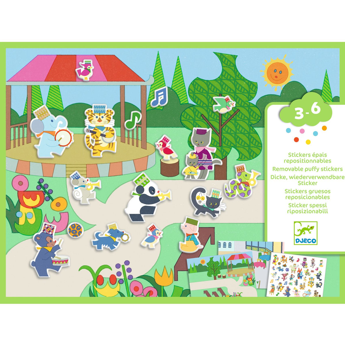 Stickers Fanfare Djeco – 2 sfondi e più di 30 adesivi riposizionabili