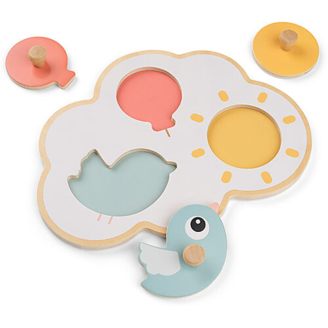Dettaglio completo del Gioco ad Incastro Happy Clouds in Legno, con tutte le forme posizionate correttamente.