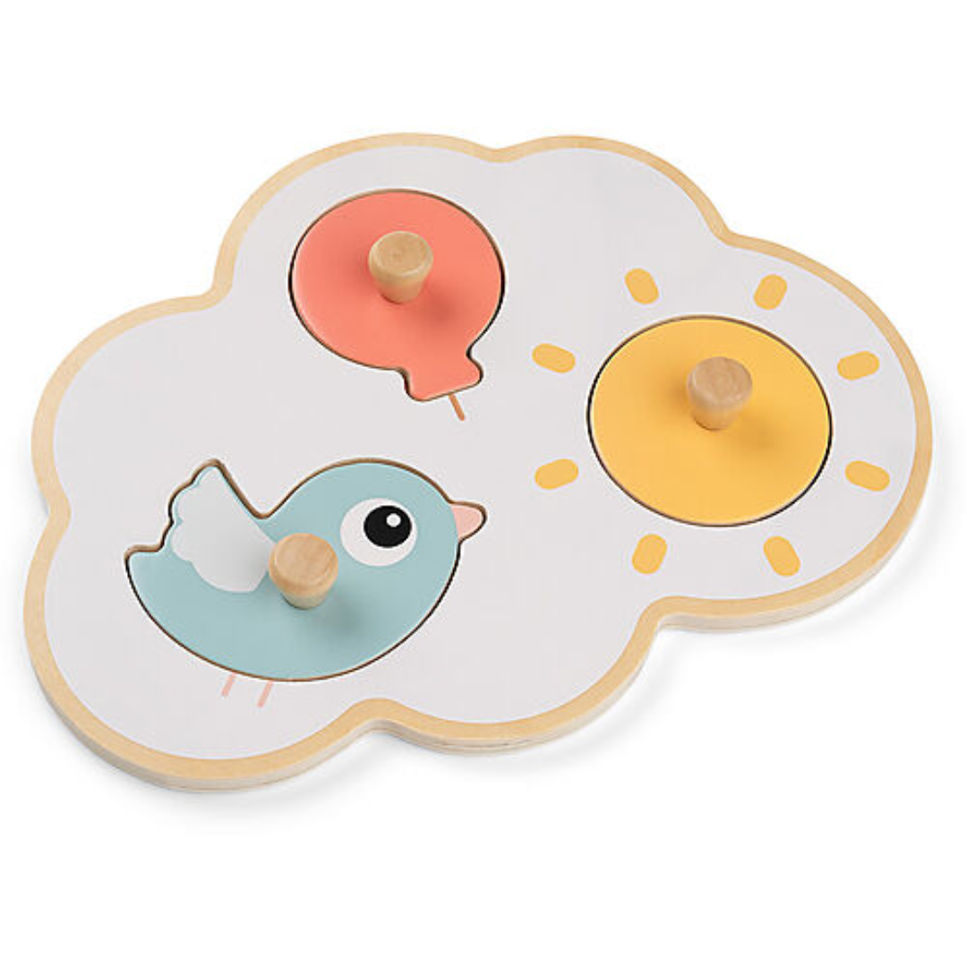 Vista frontale del Gioco ad Incastro Happy Clouds in Legno di Done By Deer, con forme colorate e base a nuvola