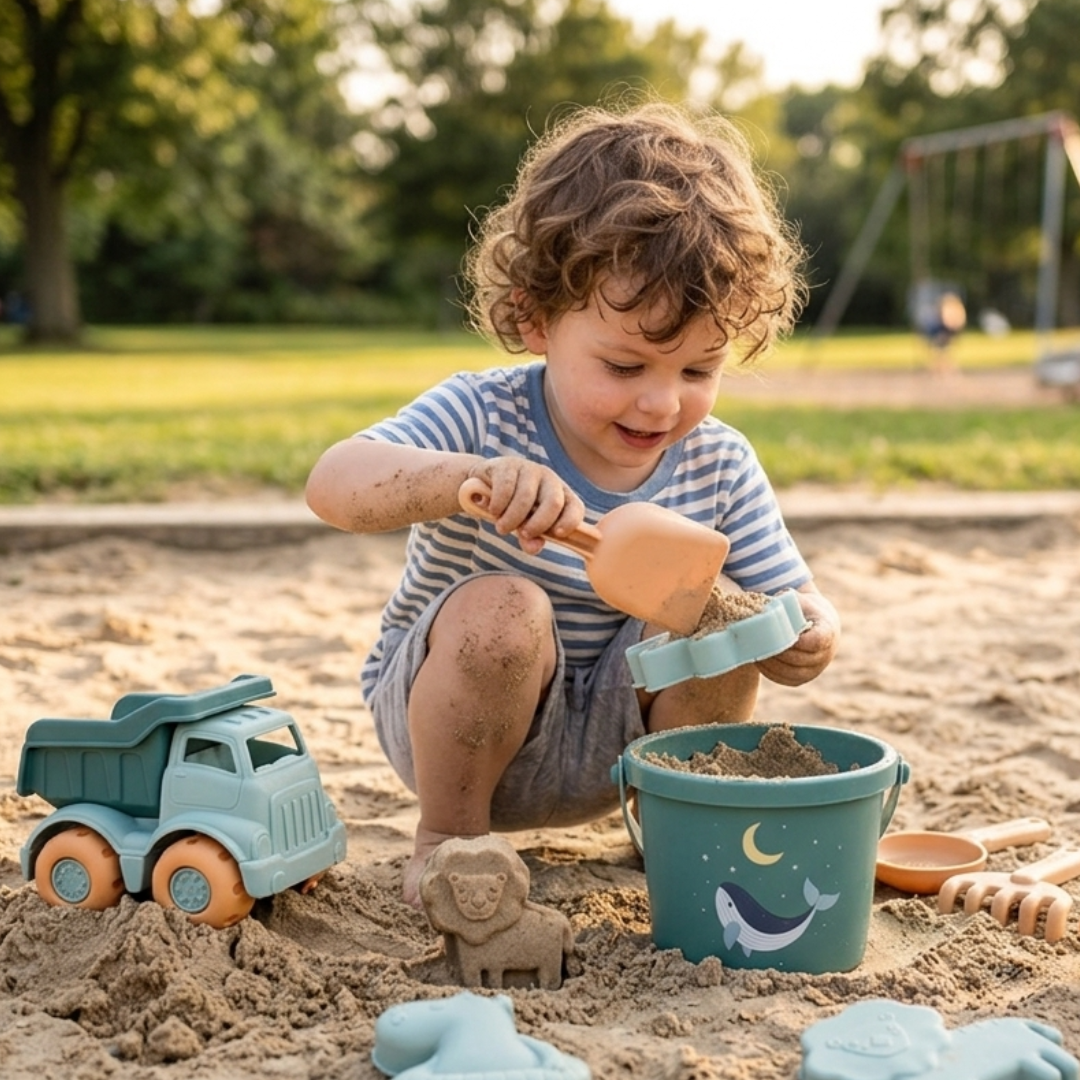Giochi da spiaggia per bambini Monnëka Whale Teal, set 9 pezzi per sabbia e acqua, fantasia balena