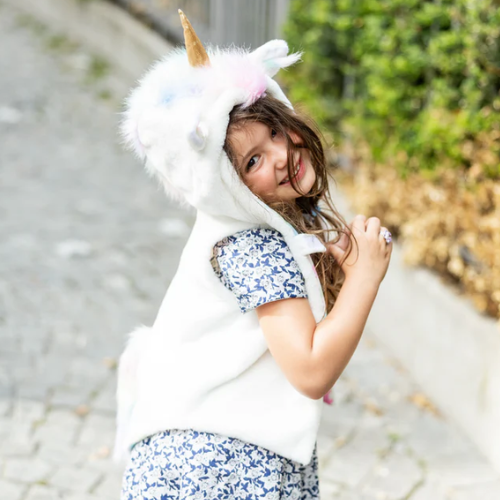 Costume Carnevale unicorno bambina Great Pretenders, caldo e soffice, con cappuccio decorato e dettagli 3D realistici.