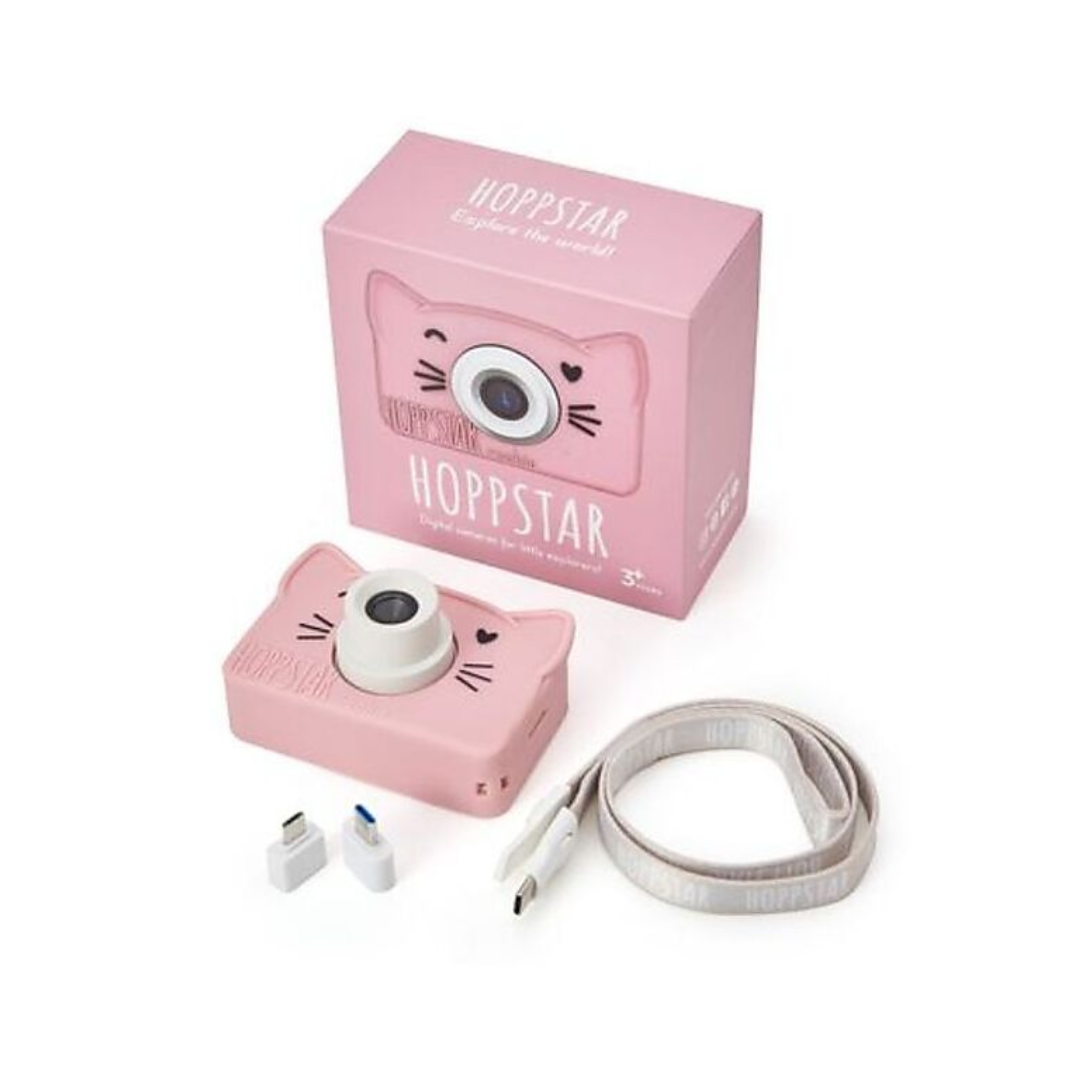 Confezione della macchina fotografica Hoppstar Rookie Rosa con accessori inclusi, come laccio e adattatori USB