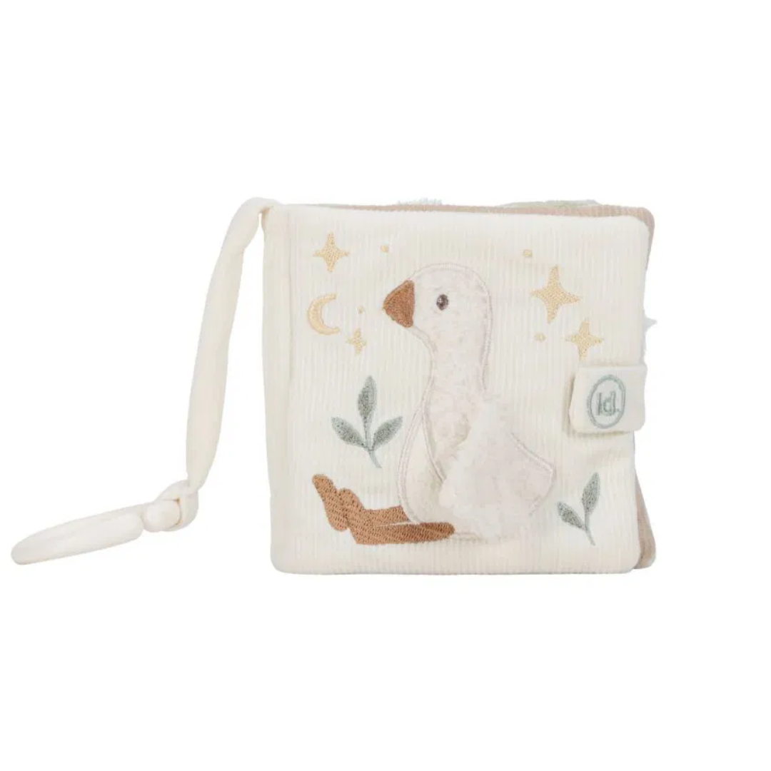 Libro sensoriale morbido Little Dutch collezione Little Goose con copertina tattile e anello universale per passeggino.