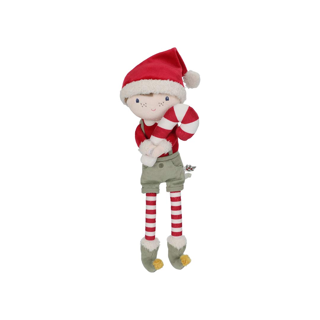Elfo Jim di Natale Little Dutch 35 cm, bambola morbida con cappello rosso