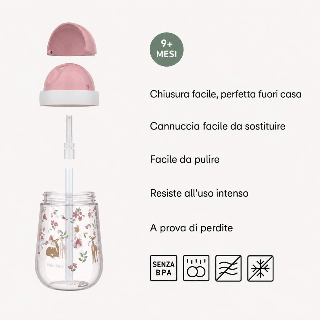 Bicchiere con cannuccia 300 ml Little Dutch Fairy Garden smontabile lavastoviglie