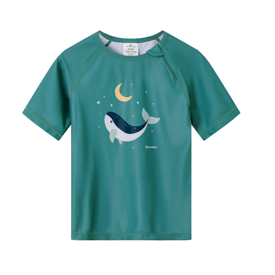 Maglietta nuoto maniche corte Monnëka Whale Teal UPF 50+ per bambini
