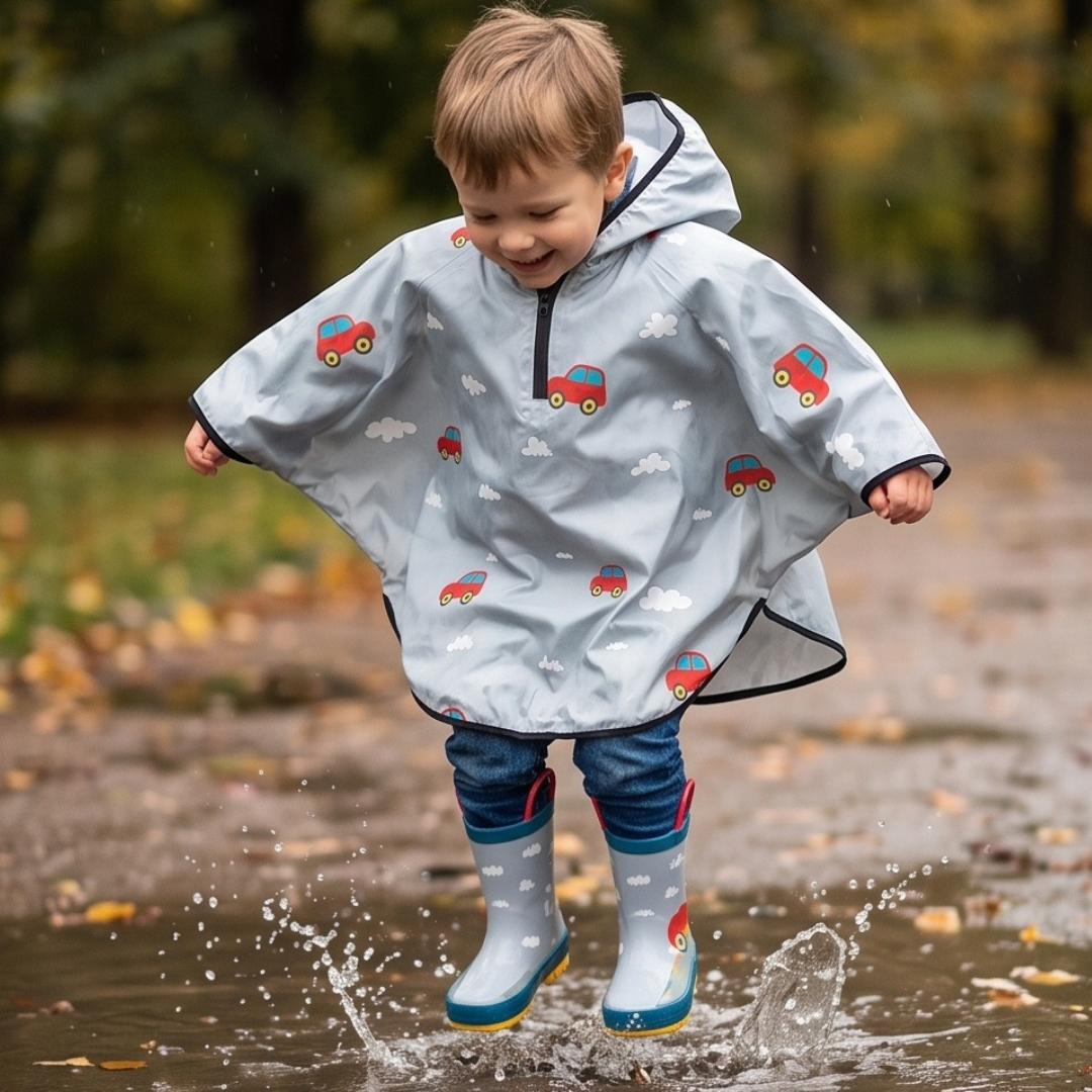 Bambino che salta nella pozzanghera con il poncho impermeabile Mr Tiggle Macchina Rossa e gli stivali pioggia