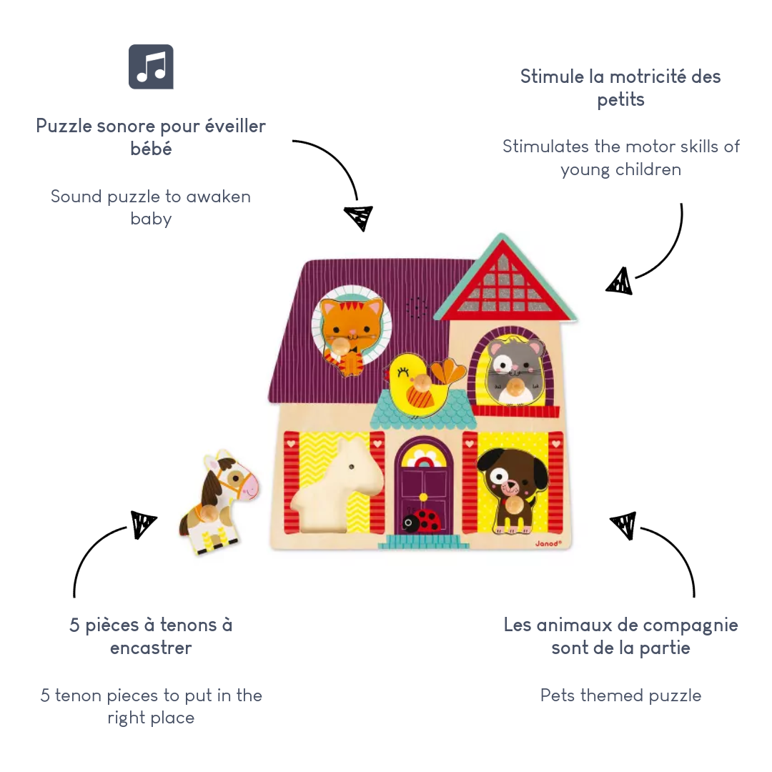 Puzzle sonoro Animali di Casa Janod con cane, gatto e criceto in legno