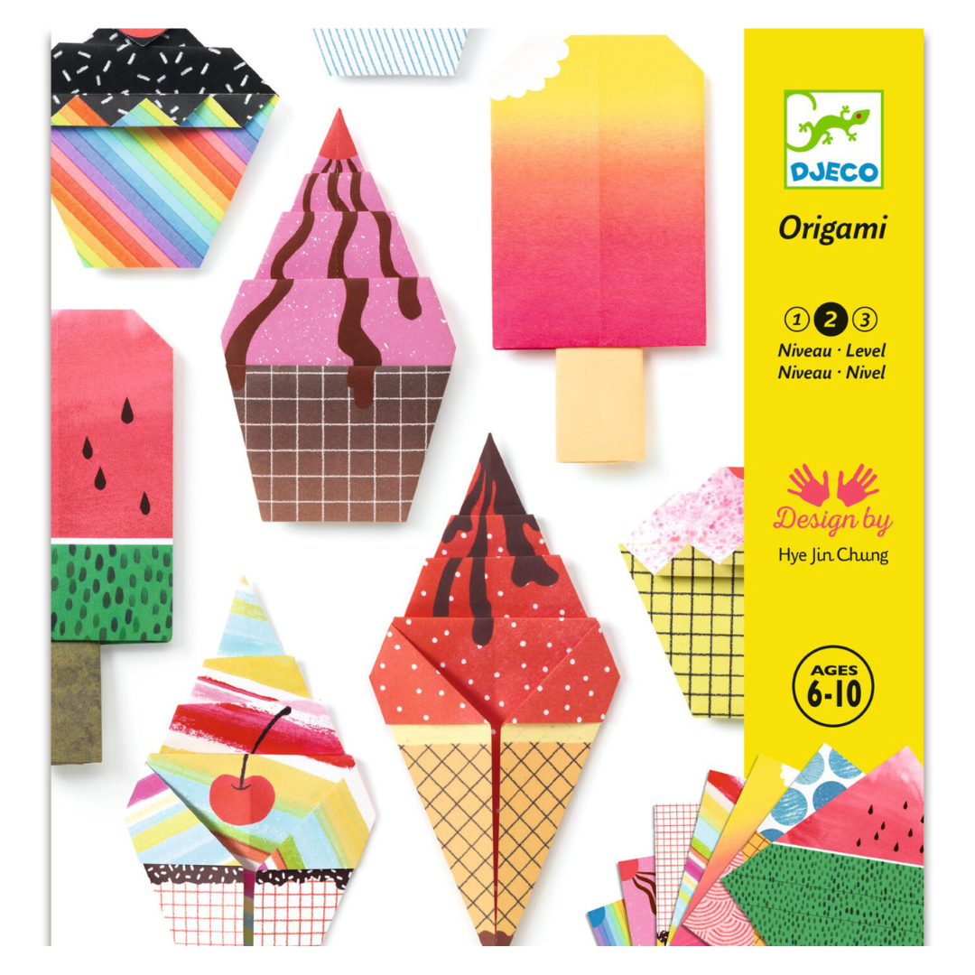 Djeco kit origami bambini con fogli colorati e adesivi, perfettp per lavoretti fai da te e giochi creativi 