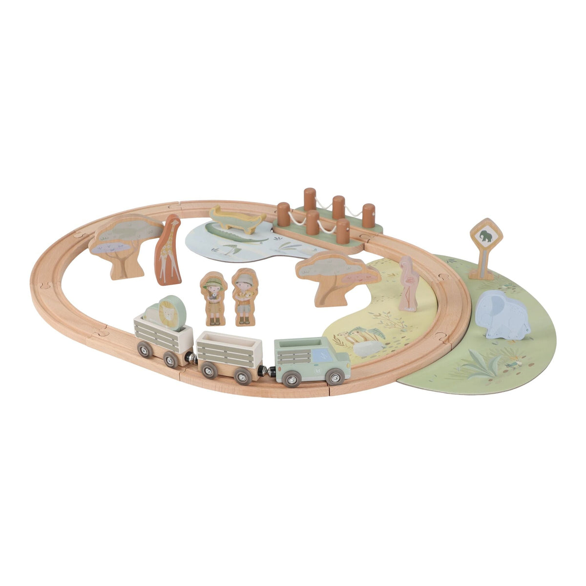 Set trenino in legno Little Dutch Safari Friends con fuoristrada e rimorchi