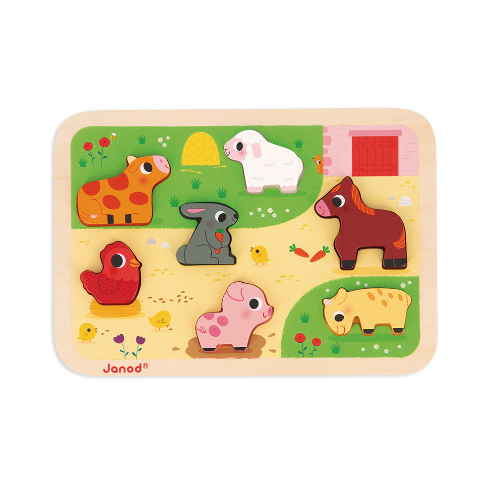 Janod Chunky Puzzle Fattoria in legno spesso 7 pezzi con animali, gioco prima infanzia dai 18 mesi