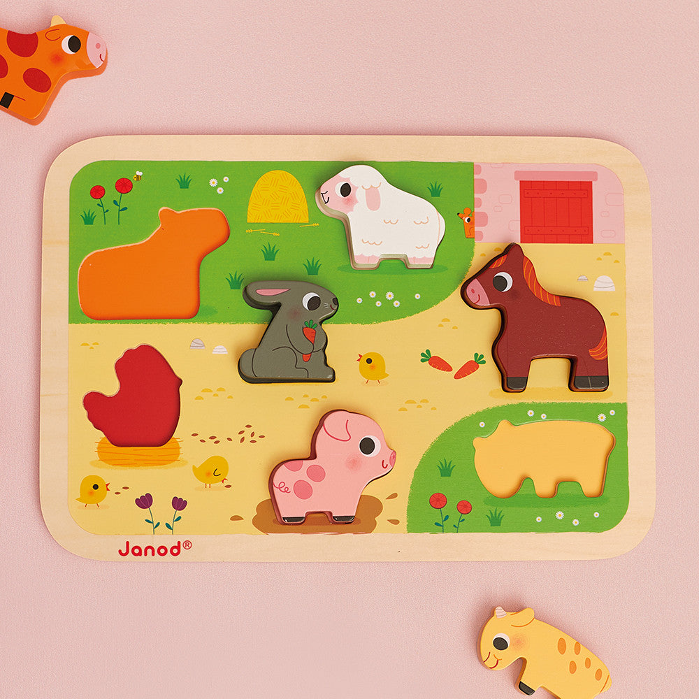 Chunky puzzle Janod con animali della fattoria in legno che stanno in piedi