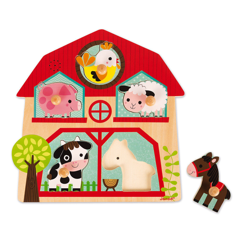 Janod Puzzle Sonoro Fattoria in legno 5 pezzi con versi degli animali, gioco prima infanzia dai 18 mesi