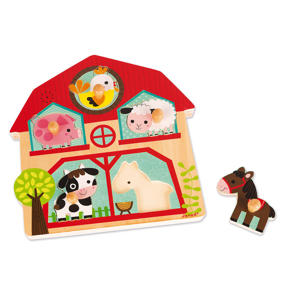 Puzzle sonoro Fattoria Janod, pezzi in legno con pomello mucca, cavallo e pecora