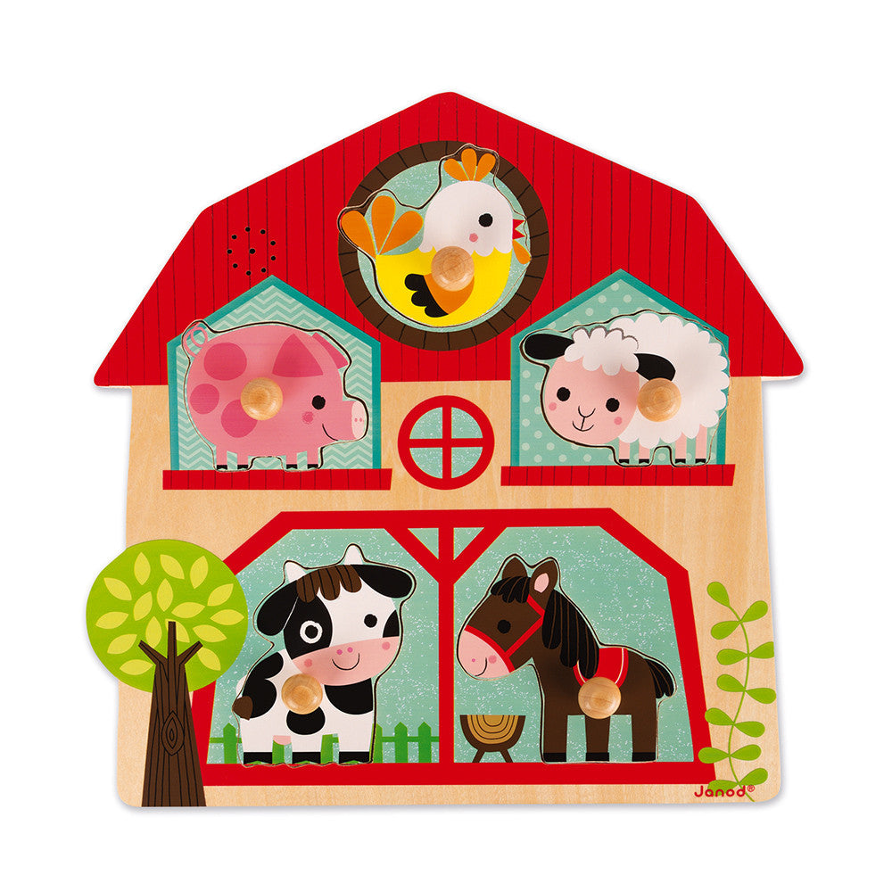 Puzzle in legno Janod con i versi degli animali della fattoria per bambini dai 18 mesi