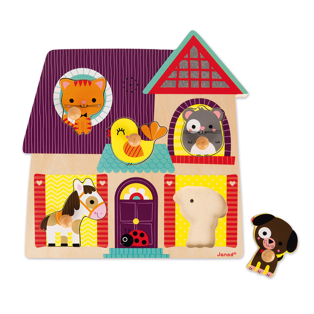 Janod Puzzle Sonoro Animali di Casa in legno 5 pezzi con versi di cane gatto uccello criceto cavallo, dai 18 mesi
