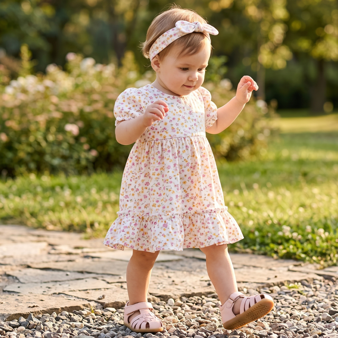 bambina indossa Sandali Bobux primi passi Harbor Ballet Pink