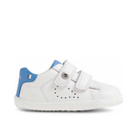 Scarpe primi passi Bobux Step Up Maverick in pelle bianco e azure.