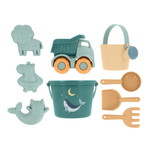 Set giochi spiaggia Monnëka Whale Teal con secchiello, paletta, rastrello, innaffiatoio, camioncino e formine