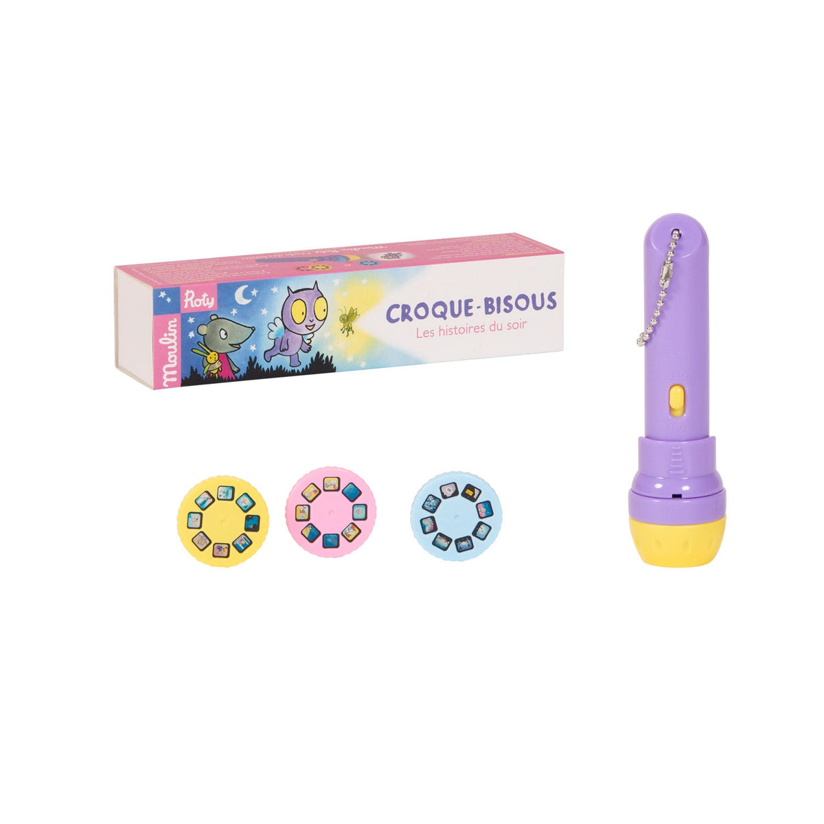 Lampada proietta storie Croque-Bisous Moulin Roty con 3 dischi