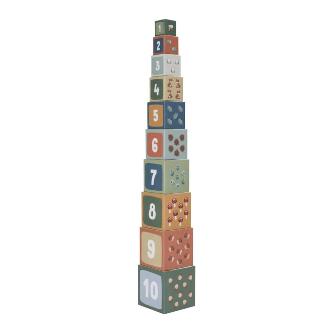 Torre impilabile Little Dutch collezione Forest Friends composta da 10 cubi educativi numerati con illustrazioni di animali.